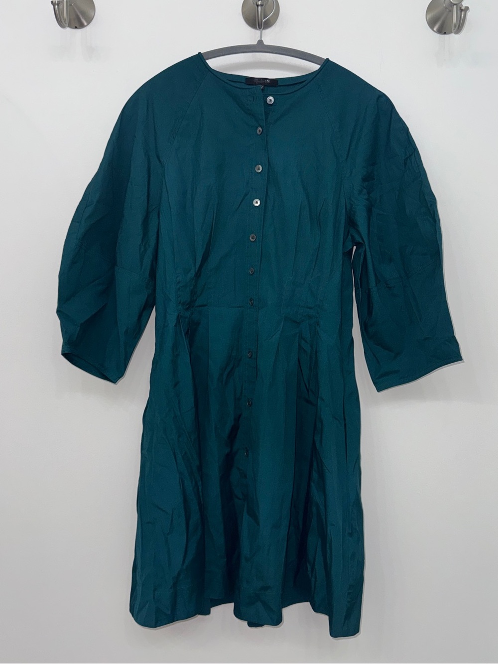 Madewell Sculptural-Sleeve Pleated Mini Shirt Dress Teal Green fit and flare - Picture 6 of 12
